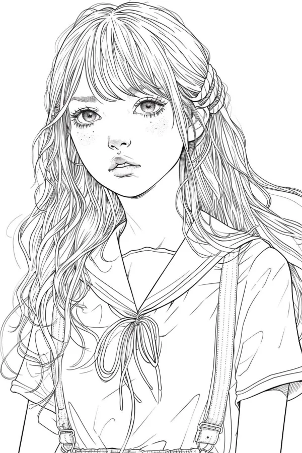 Japanese school girl with long wavy hair, bangs and freckles — free printable campus life coloring book page