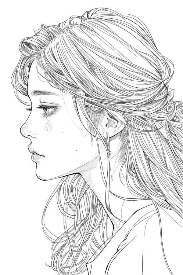 Side profile of a long-haired girl, sketch illustration style — free printable portrait coloring book page