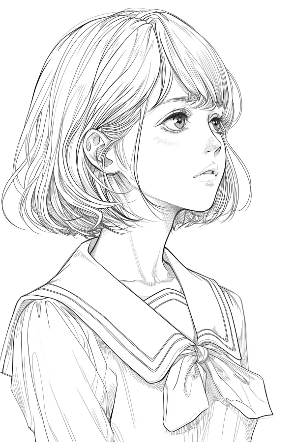 Short-haired girl in sailor uniform, japanese realistic illustration style — free printable campus life coloring book page