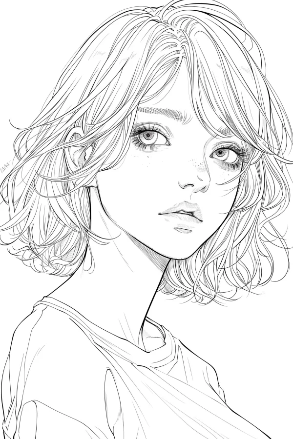 Portrait of short-haired girl with freckles, realistic sketch style — free printable portrait coloring book page