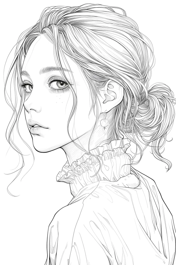 Freckled girl with low messy ponytail, realistic illustration style — free printable portrait coloring book page
