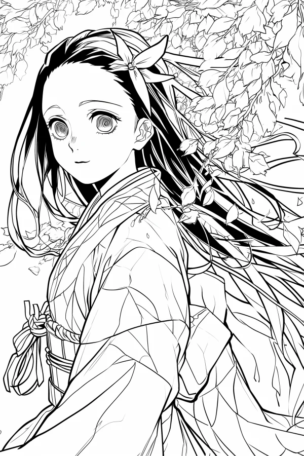 Anime girl in traditional kimono with long hair, japanese anime style — free printable anime characters coloring book page
