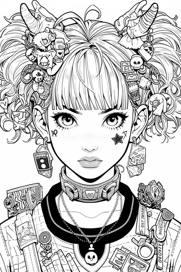 Cool trendy anime girl with twin curly ponytails, decorated with horn hair clips — free printable trend coloring book page