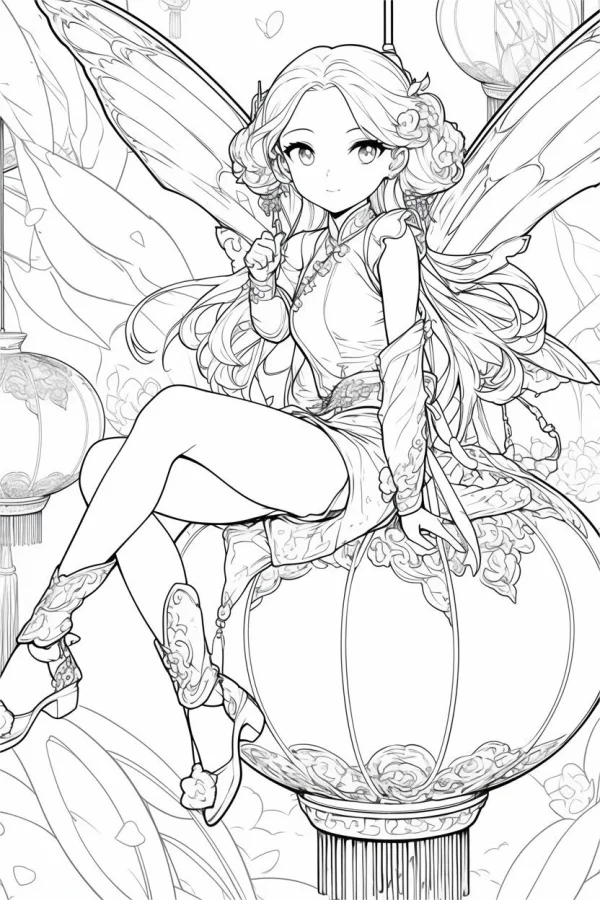 Coloring book page, chinese style fairy girl with butterfly wings — free printable spring festival coloring book page