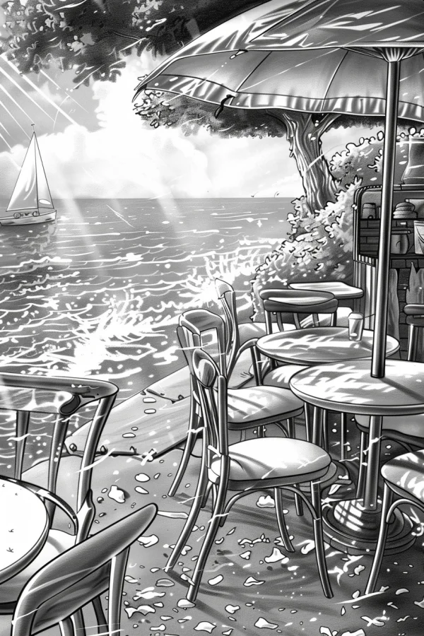 Seaside outdoor cafe with tables and chairs, realistic illustration style — free printable scenery coloring book page
