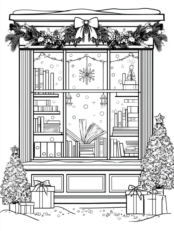 Christmas bookstore window, illustration style — free printable bookstore coloring book page