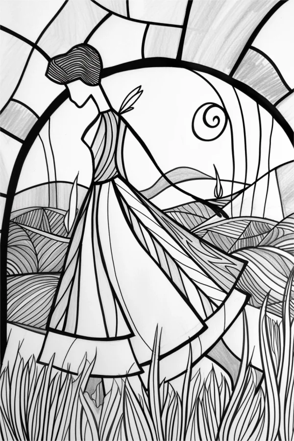 Art nouveau style woman in long dress, standing in grassy landscape with geometric stained-glass style background — free printable art nouveau coloring book page