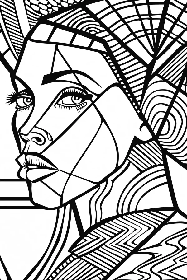 Cubist style female face portrait, abstract geometric patterns with spiral and stripe details — free printable character theme coloring book page