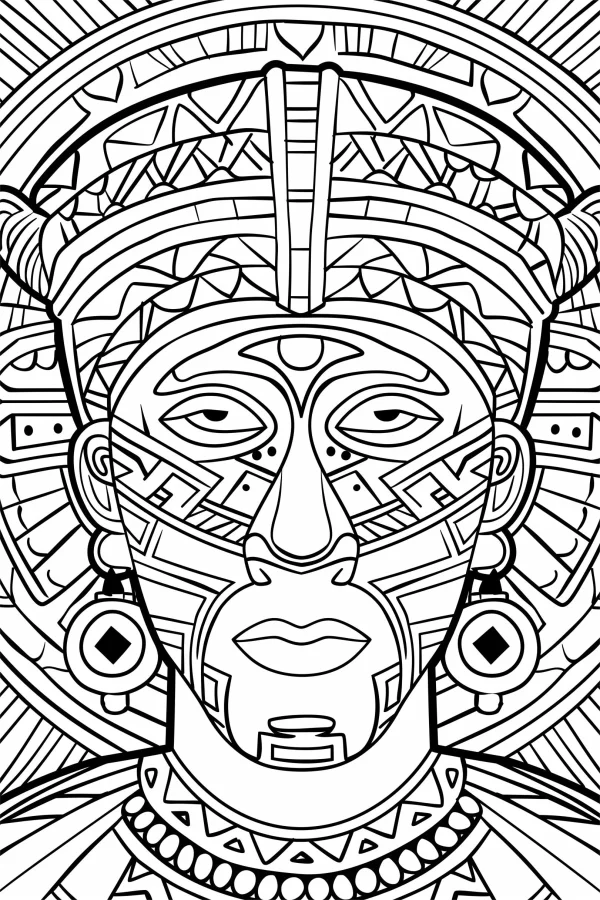Aztec style human head portrait, tribal totem style — free printable aztec coloring book page