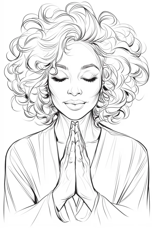 Curly-haired woman with hands clasped in prayer, realistic sketch style — free printable meditation coloring book page