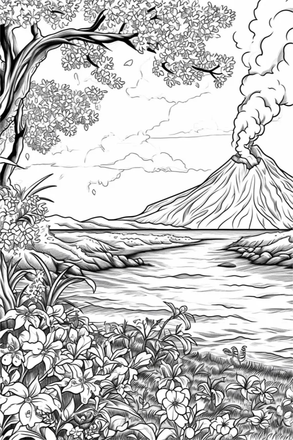 Natural landscape with volcano by the river, realistic sketch style — free printable volcano coloring book page