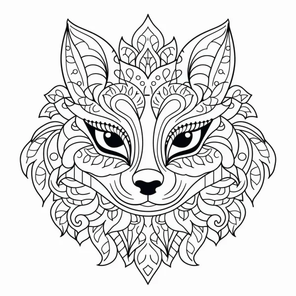 Mandala-style fox head, intricate symmetrical decorative patterns with leaf-like and curvy lines — free printable mandala art coloring book page