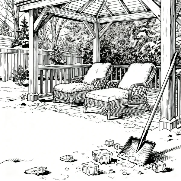 Winter courtyard relaxation area with gazebo and wicker lounge chairs, realistic line art style — free printable outdoor scenery coloring book page