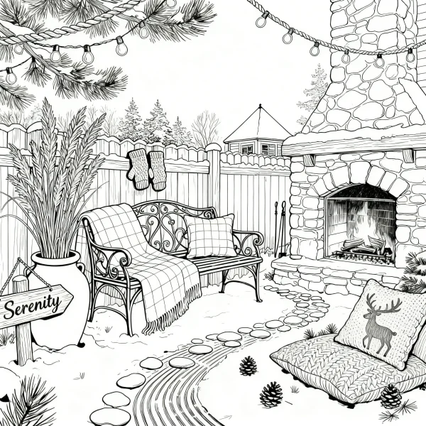Winter outdoor courtyard with stone fireplace, fine smooth organic lines — free printable cozy daily life coloring book page