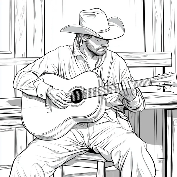 Cowboy playing acoustic guitar, realistic sketch style — free printable western cowboy coloring book page