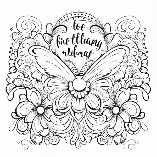 Coloring book page, decorative line art of butterfly surrounded by flowers — free printable butterfly coloring book page