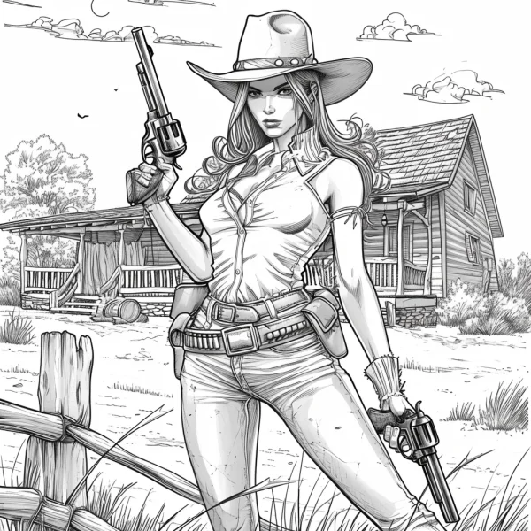 Western cowgirl holding two revolvers, western comic art style — free printable western cowboy coloring book page