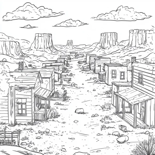 Western desert town with wooden buildings, realistic western style — free printable western town coloring book page