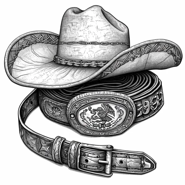 Cowboy hat with carved leather belt, retro realistic style — free printable west coloring book page