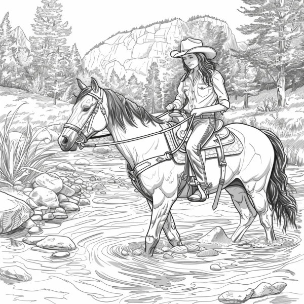 Female cowboy riding a horse through a stream, realistic illustration style — free printable western cowboy coloring book page