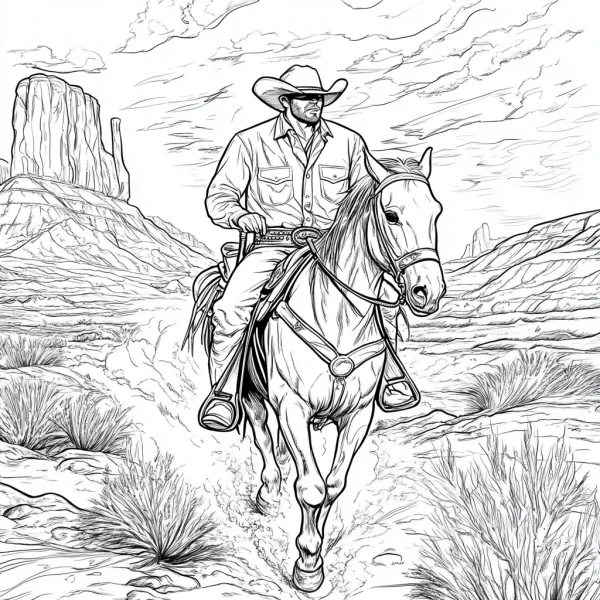 Cowboy riding horse, realistic western style — free printable west coloring book page