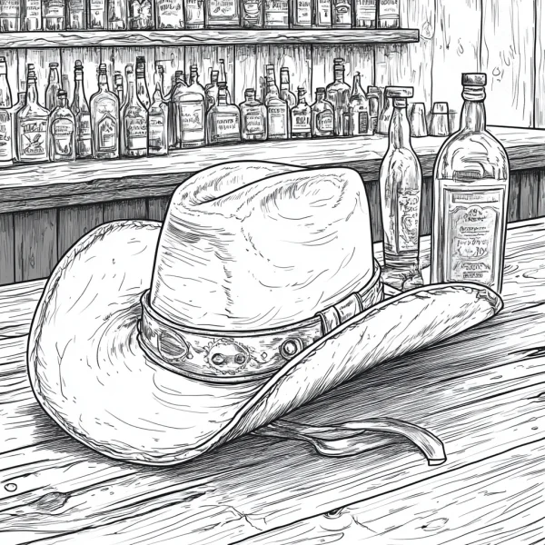 Western cowboy hat on wooden bar table, realistic sketch style — free printable western cowboy coloring book page