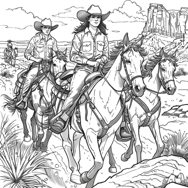 Cowboys riding horses, realistic illustration style — free printable cowboy coloring book page