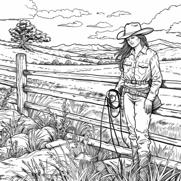 Female cowboy leaning on wooden fence, western style — free printable cowboy coloring book page