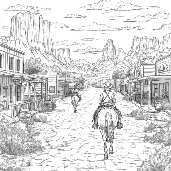 Coloring book page, cowboys riding horses on western town street — free printable cowboy coloring book page