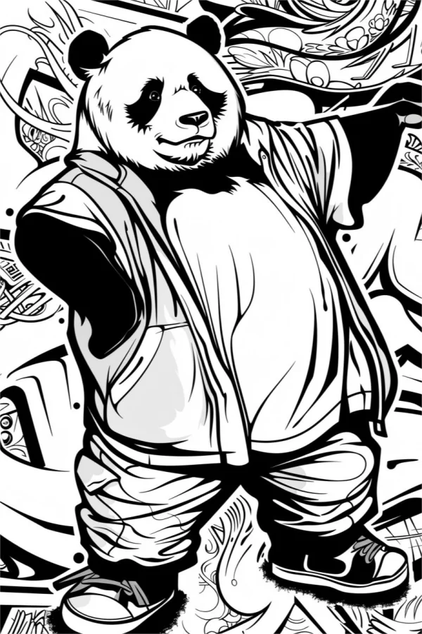Hip-hop style anthropomorphic panda wearing hoodie, pants and sneakers — free printable street fashion coloring book page