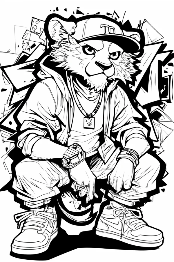 Coloring book page, anthropomorphic hip-hop lion wearing baseball cap — free printable street fashion coloring book page