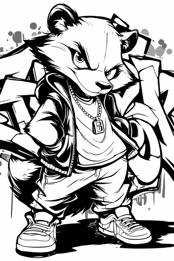 Anthropomorphic trendy raccoon, graffiti cartoon street style — free printable street fashion coloring book page
