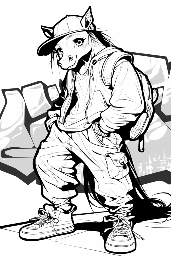 Cool anthropomorphic horse in street fashion, cartoon graffiti style — free printable street coloring book page