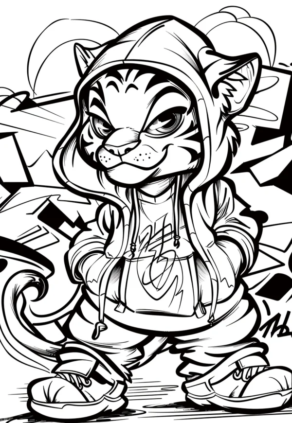 Cool anthropomorphic tiger wearing hoodie and track pants, hands in pockets — free printable street fashion coloring book page