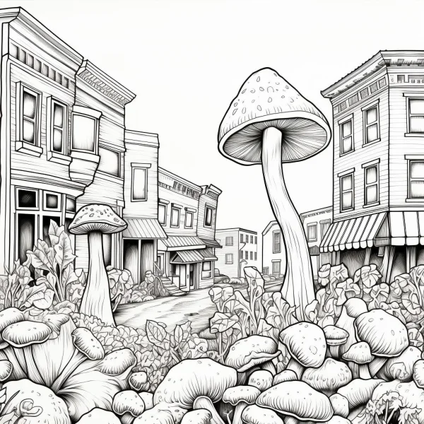 Giant mushrooms in a small town street, fantasy cartoon style — free printable towns coloring book page