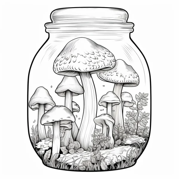 Mushroom colony inside a glass jar, realistic line art — free printable miniature landscape coloring book page