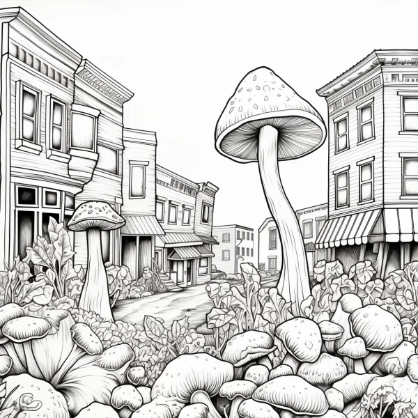 Giant mushrooms growing in a small town street, fantasy style — free printable towns coloring book page