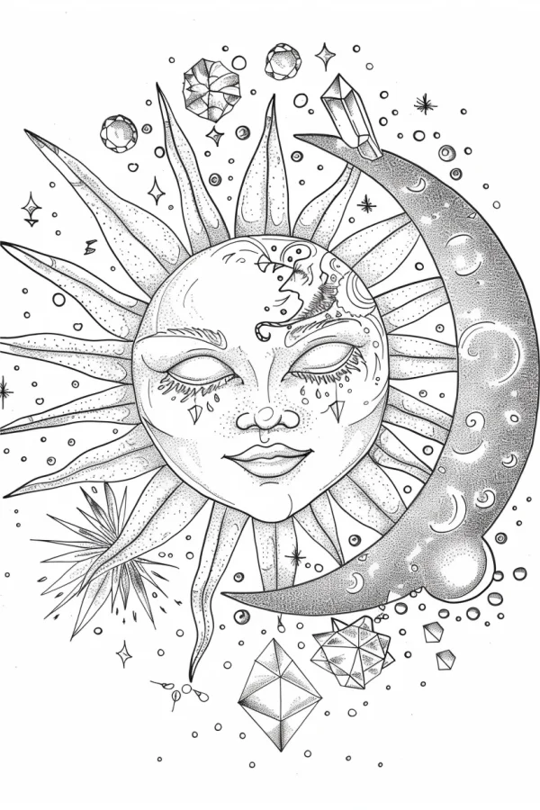 Anthropomorphic sun with closed eyes and crescent moon, fantasy style — free printable universe coloring book page