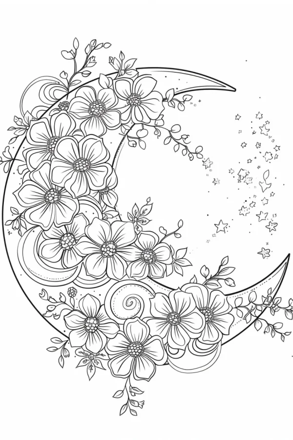 Crescent moon wrapped with blooming flowers and vines, hand-drawn style — free printable dreamy coloring book page