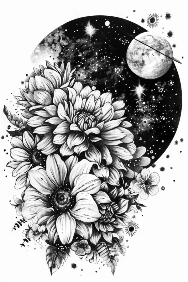 Starry floral bouquet with dahlias and sunflowers, realistic line art style — free printable universe coloring book page