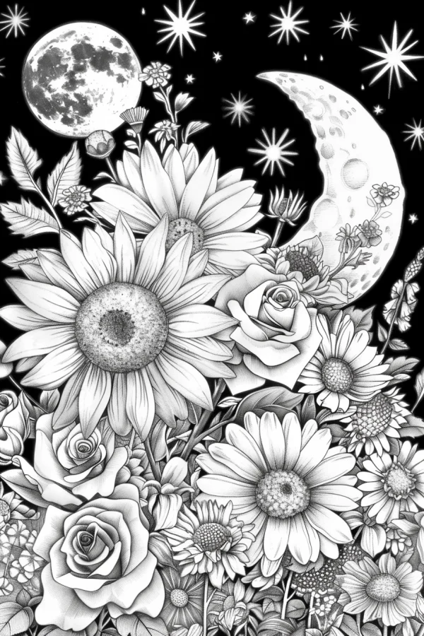 Sunflowers, roses and daisies paired with full moon and crescent moon — free printable dreamy coloring book page
