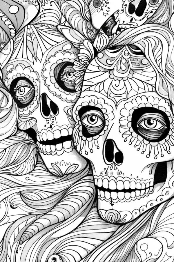Multiple decorative day of the dead sugar skulls, mexican folk art style — free printable ethnic culture coloring book page