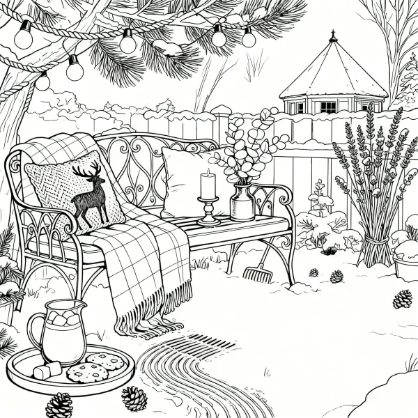 Winter courtyard relaxing scene, black and white fine line art — free printable outdoor scene coloring book page
