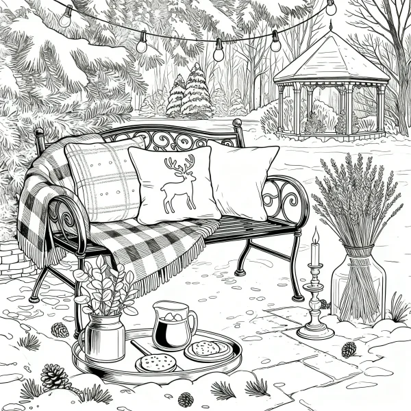 Winter courtyard with a metal bench and afternoon tea set, realistic line art style — free printable afternoon tea coloring book page