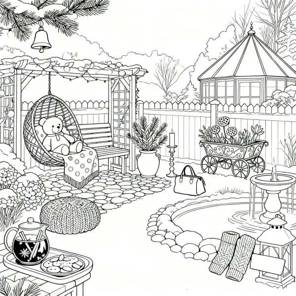 Winter courtyard leisure scene, cartoon style — free printable afternoon tea coloring book page