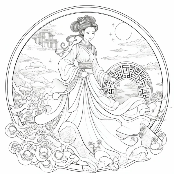 Ancient chinese goddess chang'e in traditional hanfu, chinese style — free printable mid-autumn festival coloring book page
