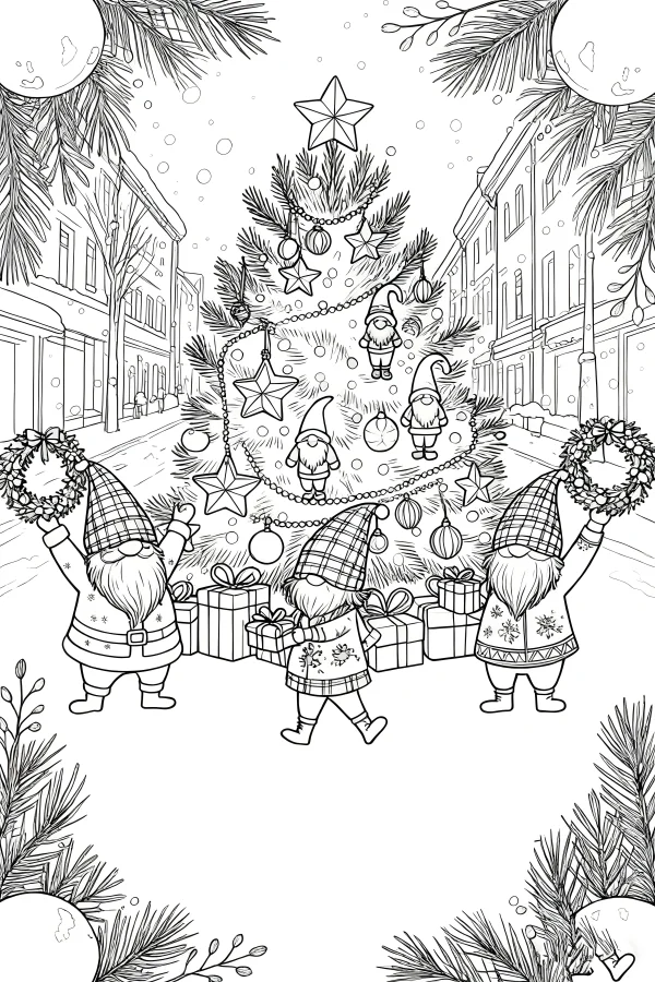 Christmas gnomes with decorated christmas tree in winter city street, cartoon fairy tale style — free printable city scene coloring book page