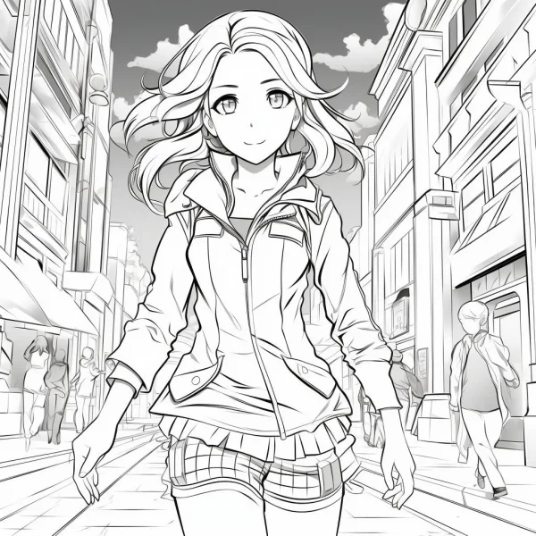 Anime girl walking on urban street, anime style — free printable anime characters coloring book page