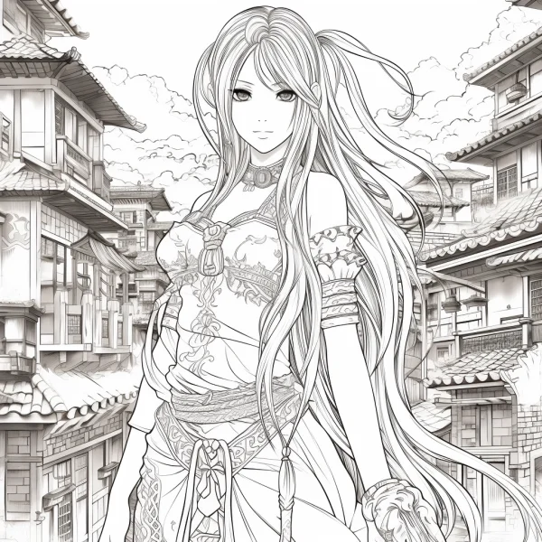 Long-haired anime girl, anime and japanese traditional style — free printable scenes coloring book page