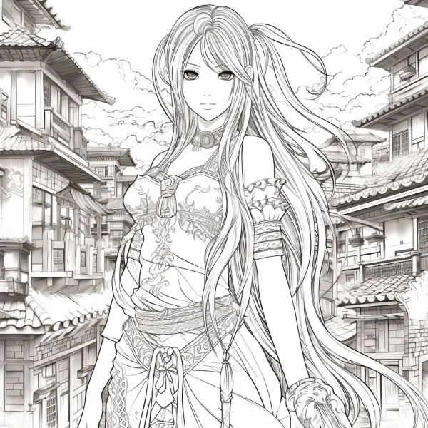 Anime long-haired girl in ancient-style dress, standing in a traditional japanese street with old wooden houses — free printable ancient style coloring book page